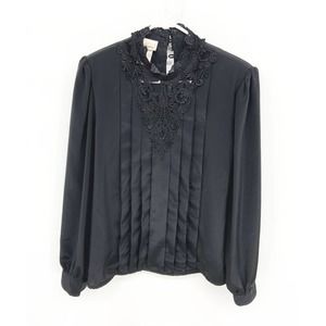 Vtg Worthington Witchy Core Black Pleated Long Sleeve Laced High Neck Top